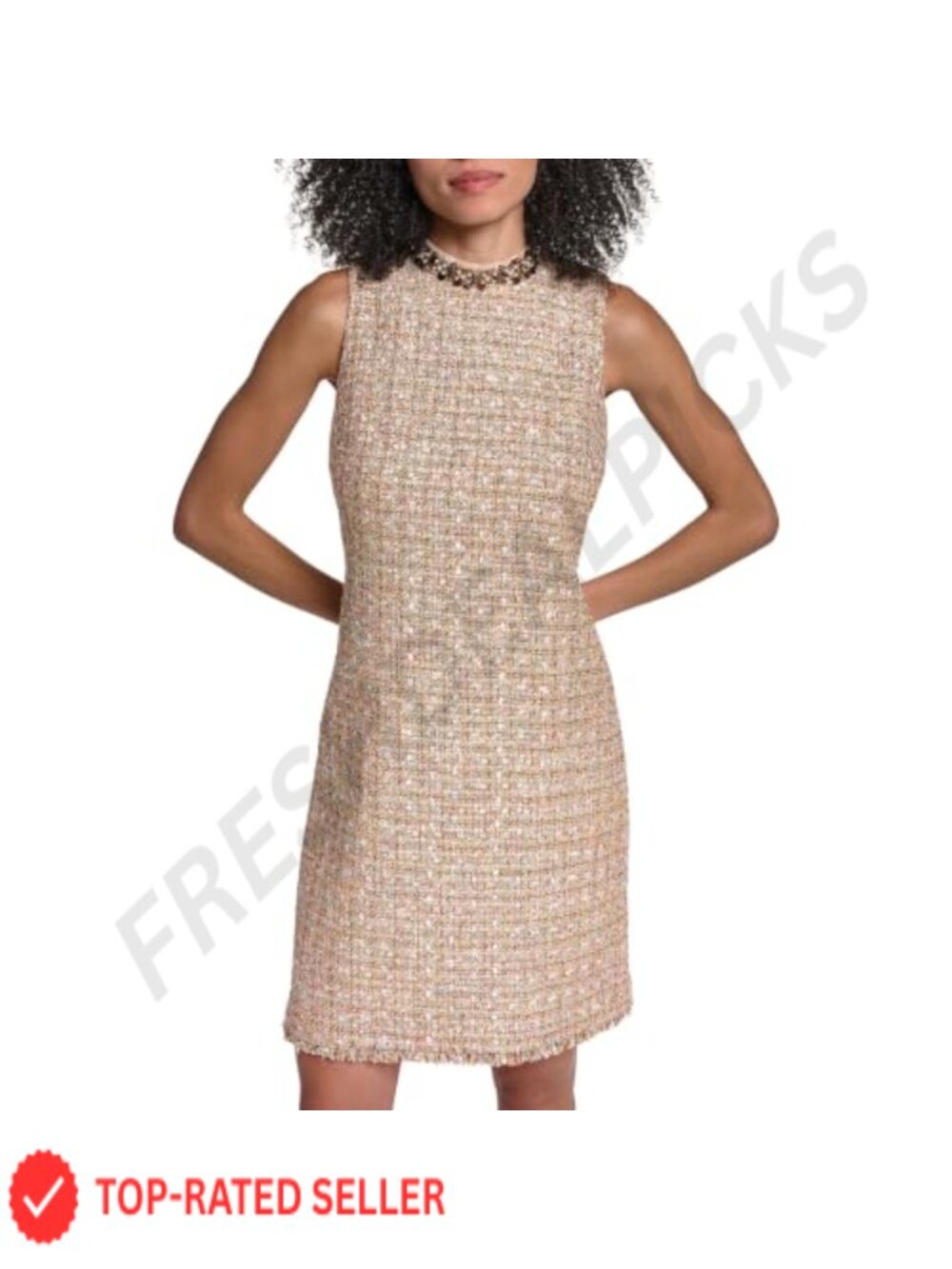 Sleeveless Mock Neck Metallic Tweed Embellished Sheath Dress